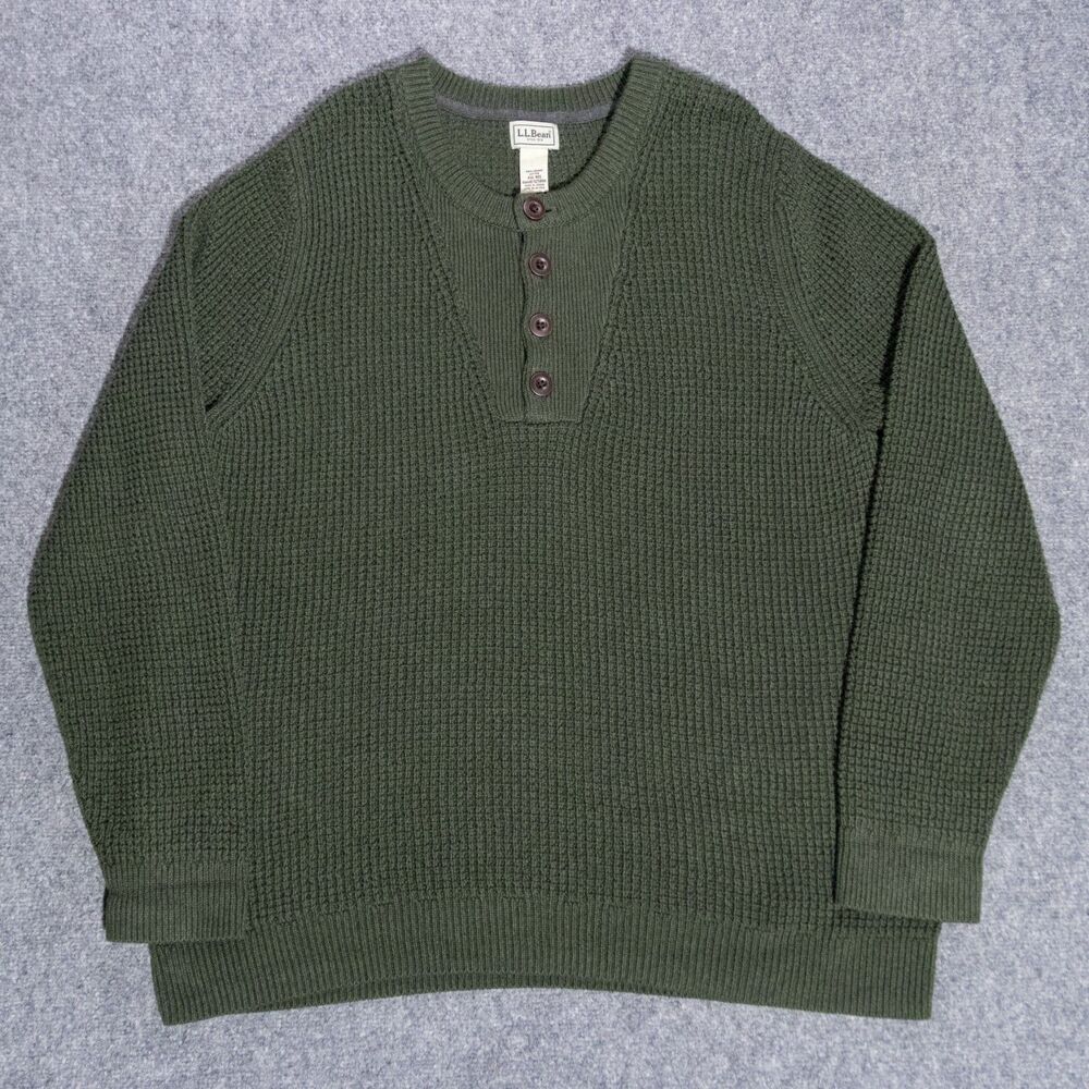 LL Bean Henley Waffle Cotton Sweater Men's 2XL Fisherman Heavyweight Green
